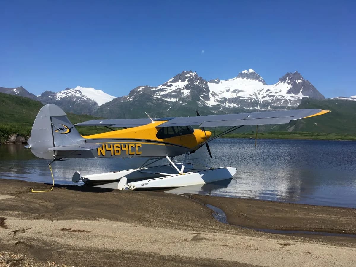 A yellow and grey Carbon Cub EX-2 floatplane (N464CC) is beached on a sandy shore next to a calm lake with snow-capped mountains under a clear blue sky.