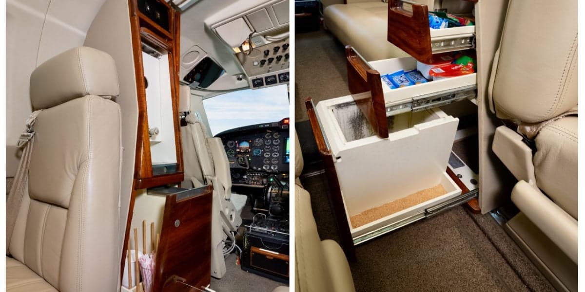 A collage showing interior details of the Beechcraft King Air N508SK, including a cabinet and pull-out snack drawers.