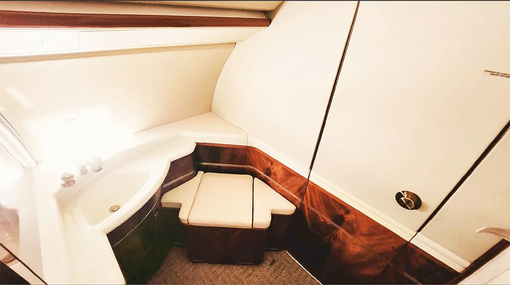 The aircraft lavatory is equipped with a white sink and toilet, surrounded by polished wood paneling.