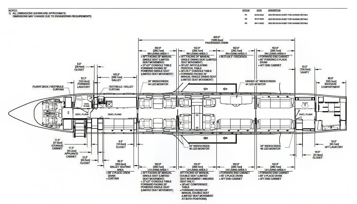 Detailed diagram of the aircraft's interior layout and dimensions.