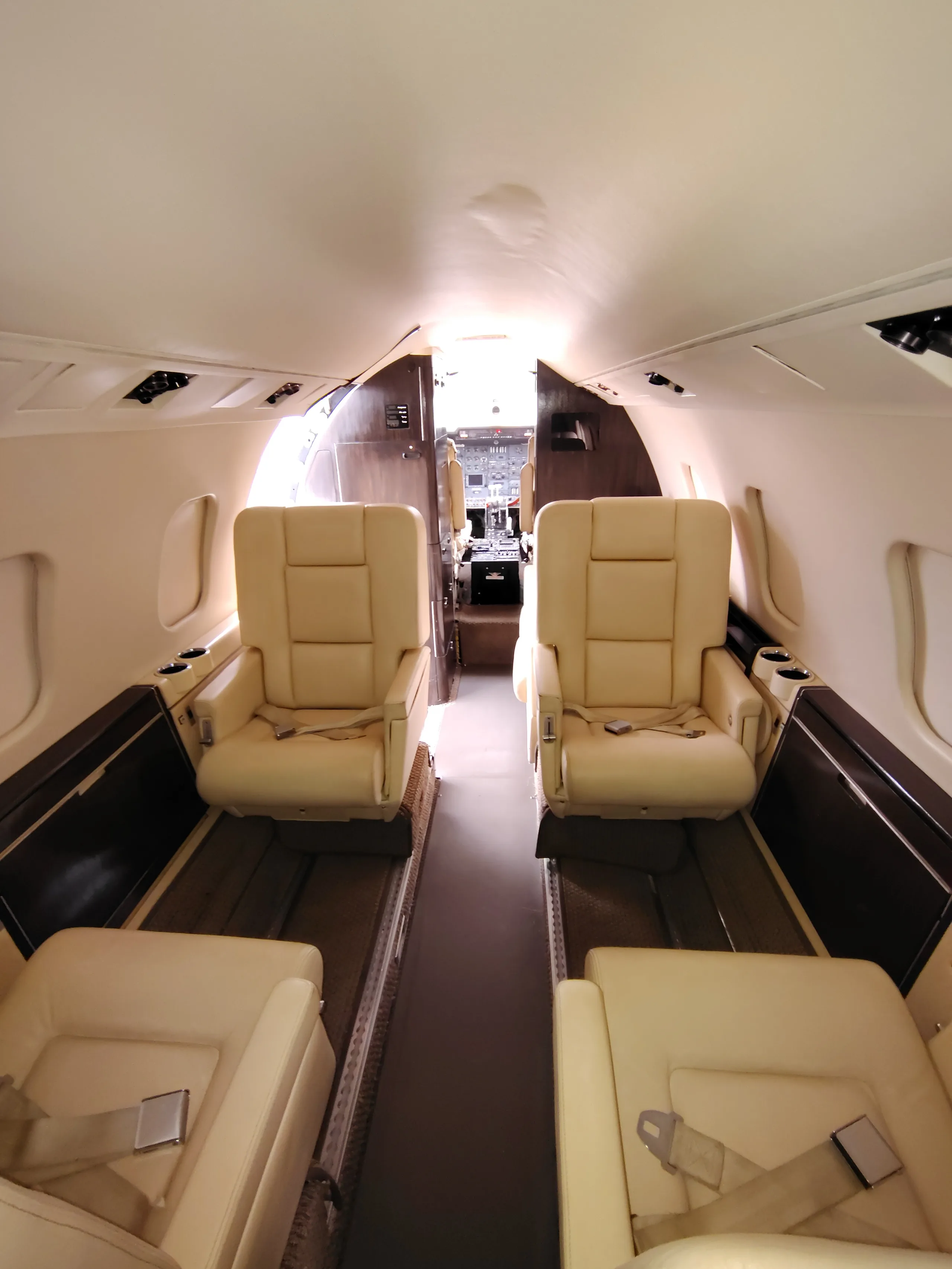 The aircraft cabin features light beige leather seats and a narrow aisle leading to the cockpit.