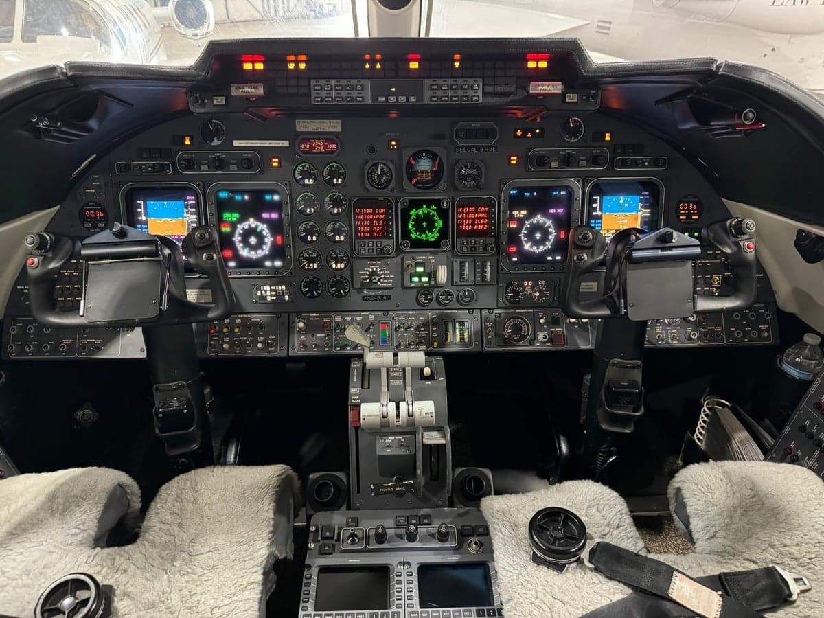 View of the Learjet 45XR cockpit with instrument panel and controls.