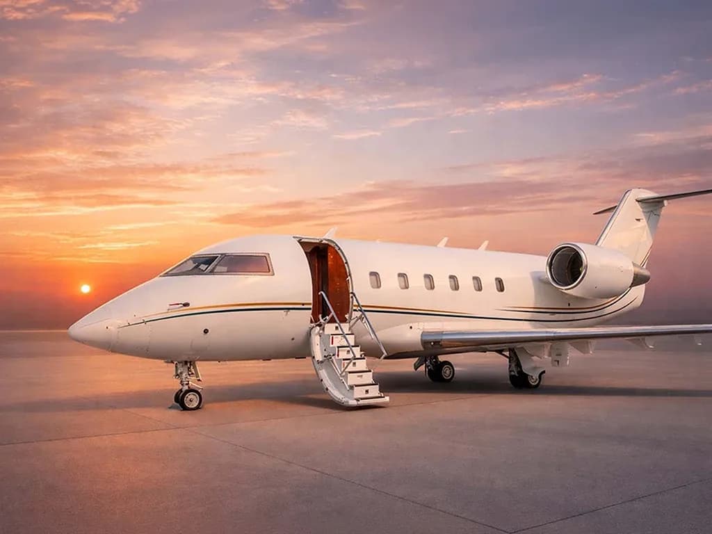 A white Bombardier Challenger business jet with gold and black stripes sits on a tarmac with its door open at sunset.