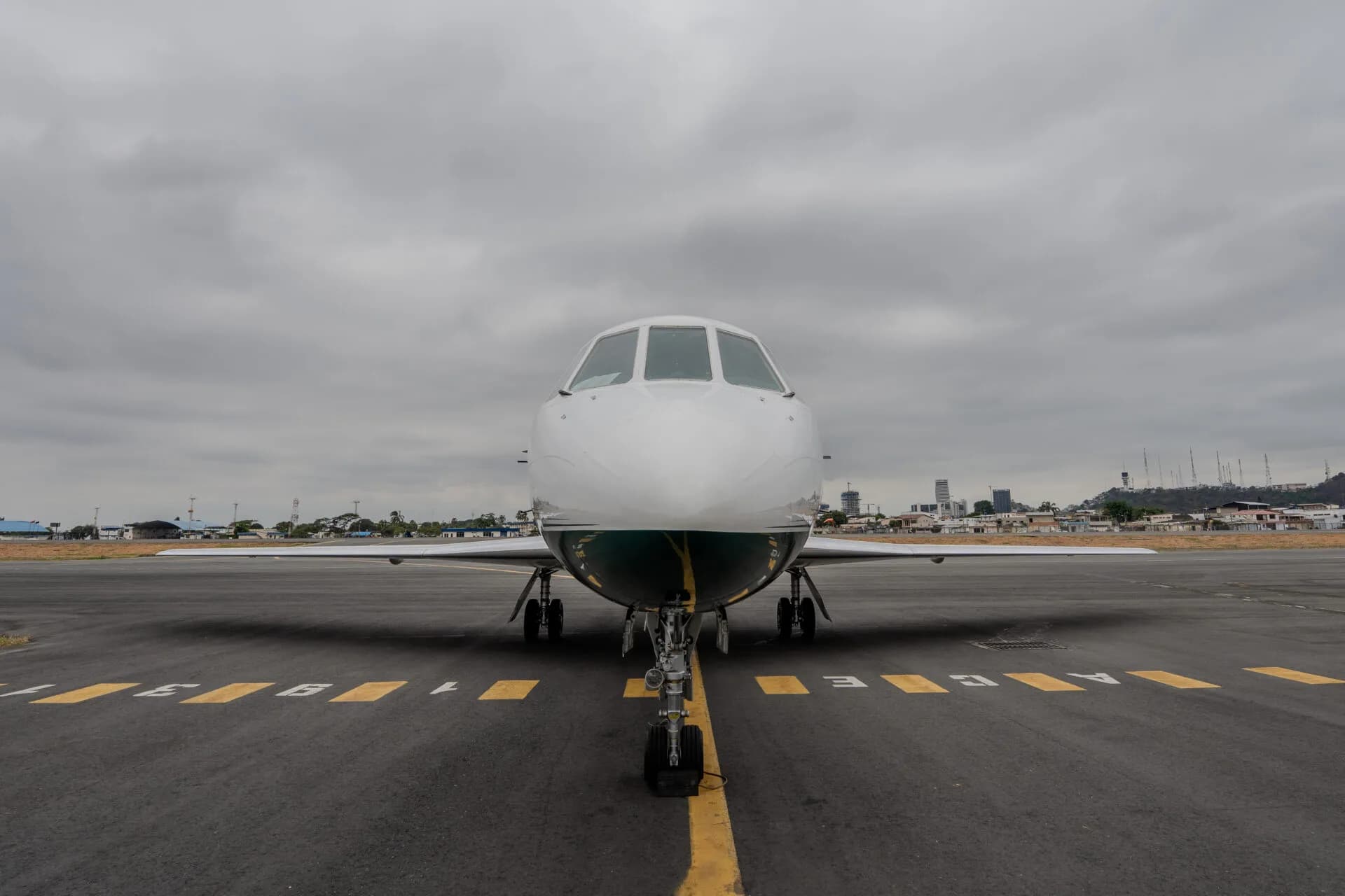 A head-on view of a white and green private jet parked on an airfield with a city skyline in the distance.