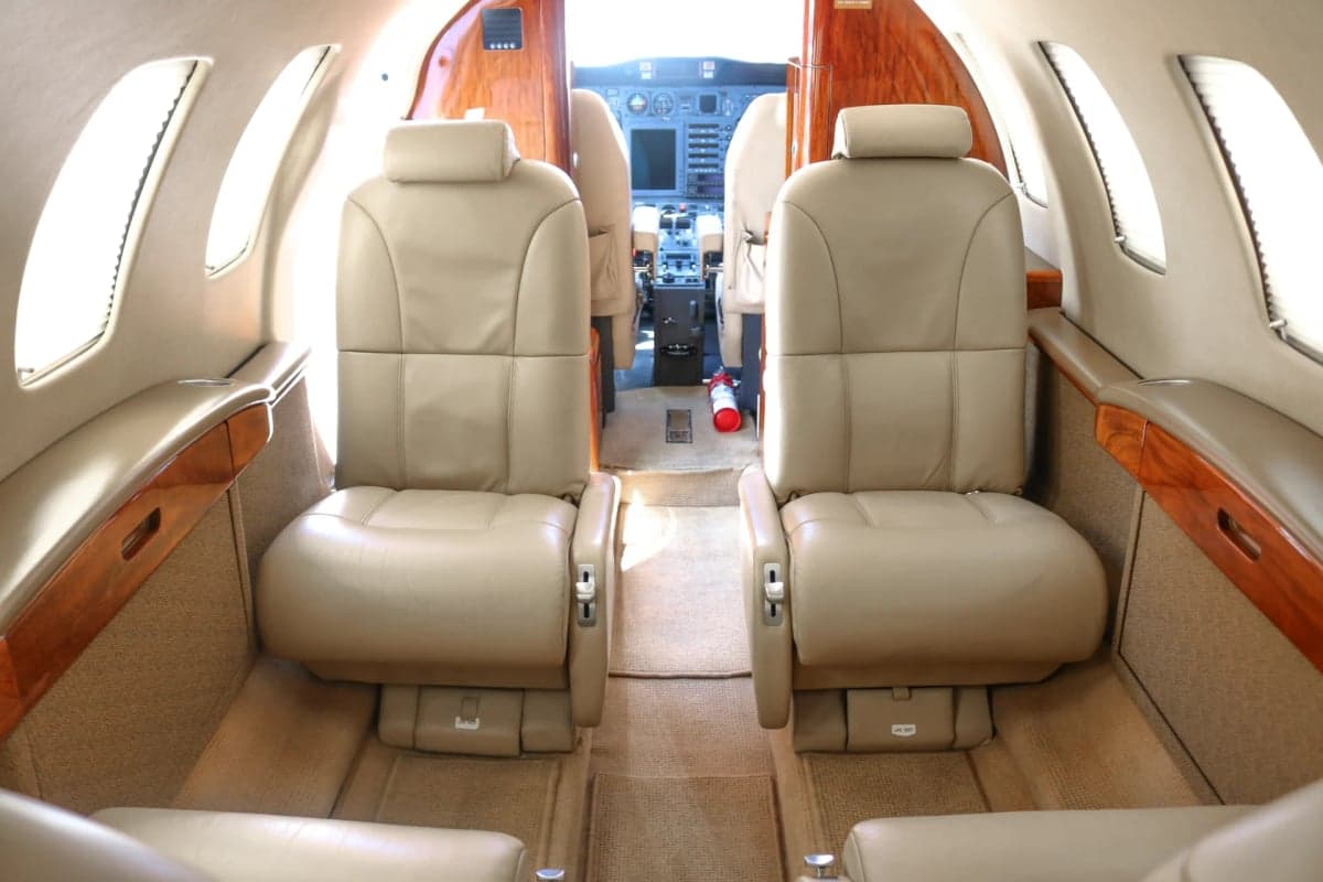 View of the Citation CJ2 cabin seats and cockpit.