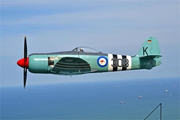 Hawker Sea Fury in flight with grey and green paint scheme.