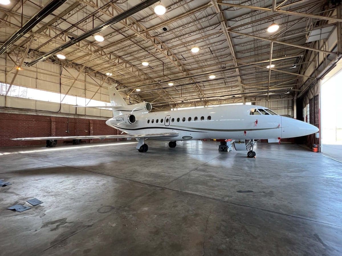 N89TV Falcon on the tarmac, side view.