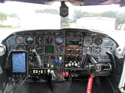 View of the aircraft's instrument panel and controls.
