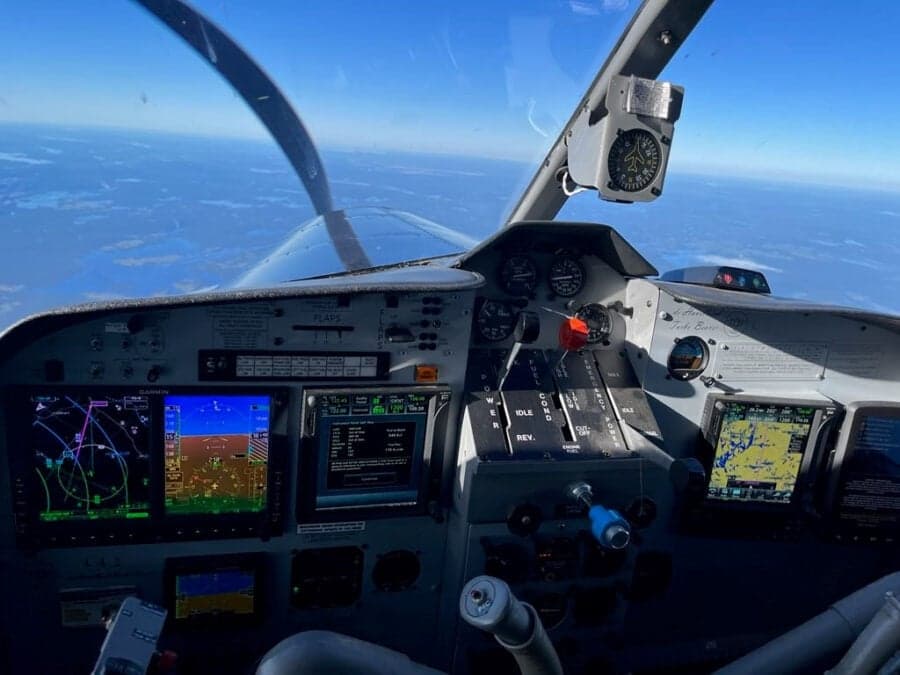 View of the cockpit instruments and controls during flight.