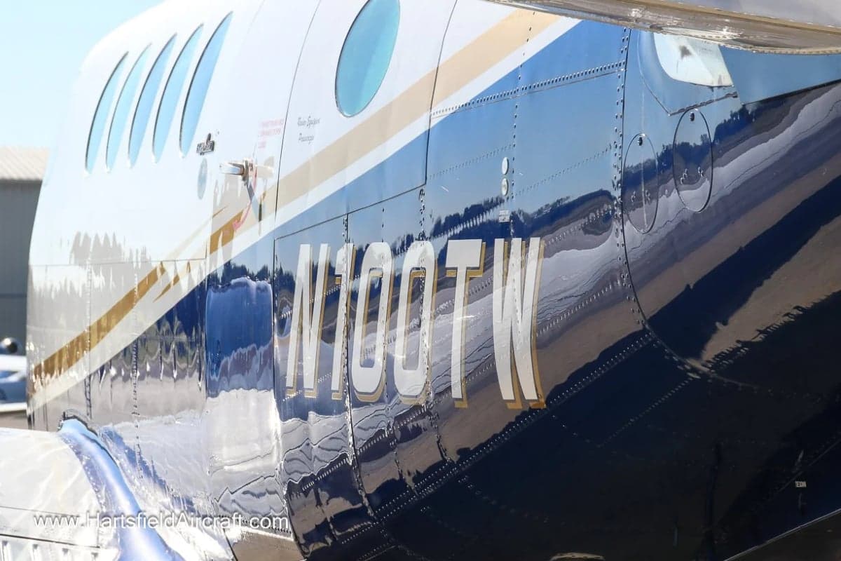 Close up of the tail section of King Air N100TW.