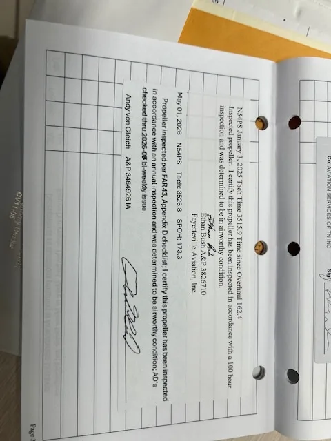 A page from an aircraft logbook detailing propeller inspection and airworthiness entries.