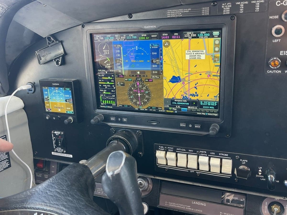 Close-up of the Garmin avionics display in the cockpit.