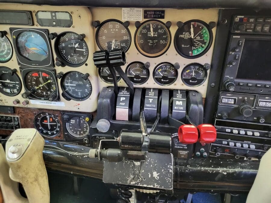 Close-up of the aircraft's instrument panel and controls.