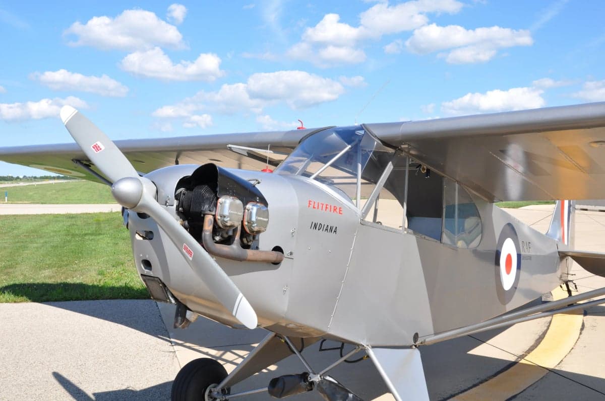 Close-up of the front of a silver Flitfire Indiana aircraft.