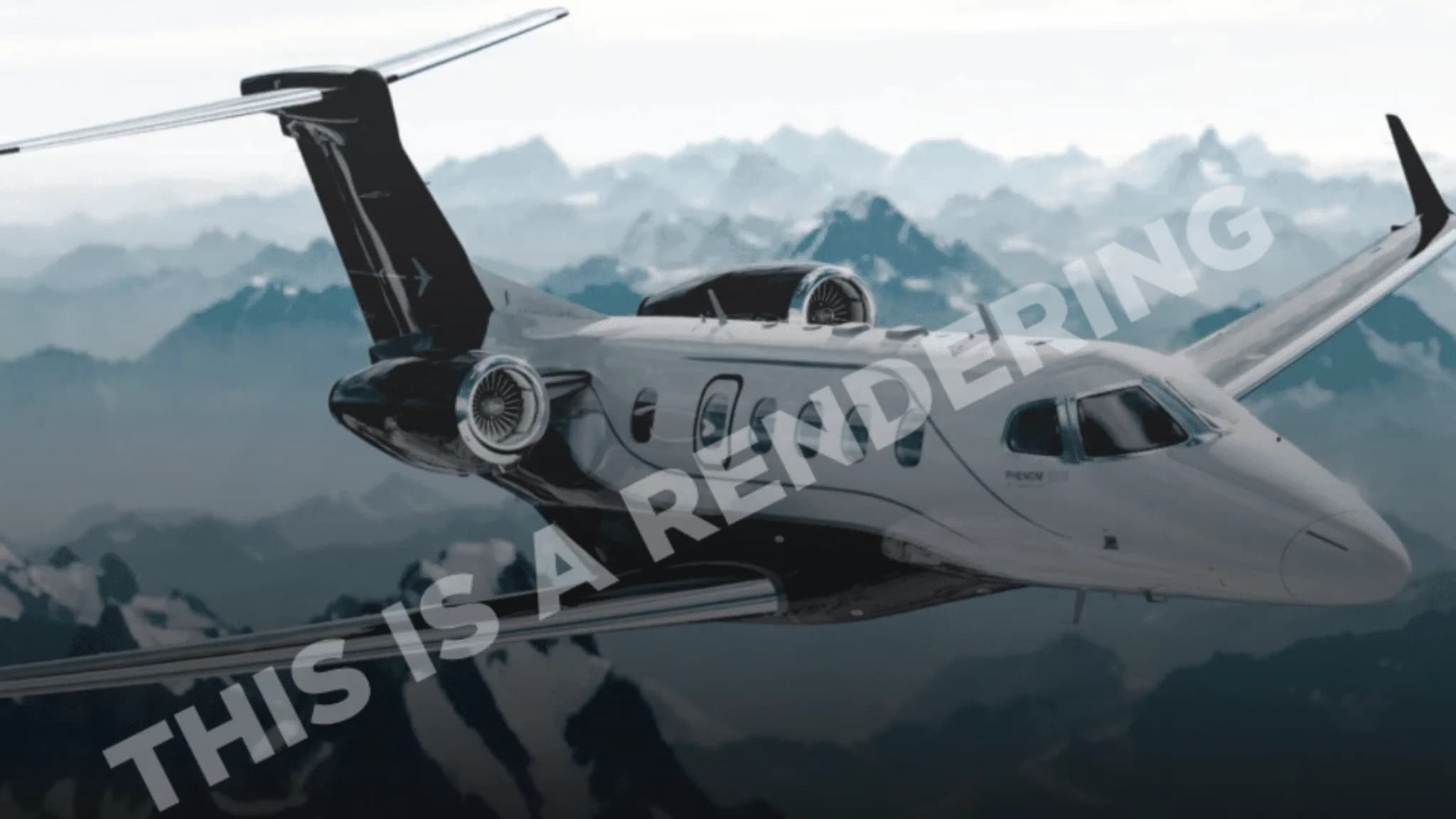 Phenom 300 in flight over mountains.