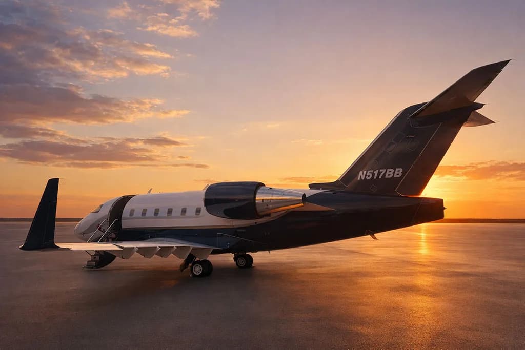 A white and dark blue private jet with registration N517BB is viewed from the rear-right on an airfield at sunset.