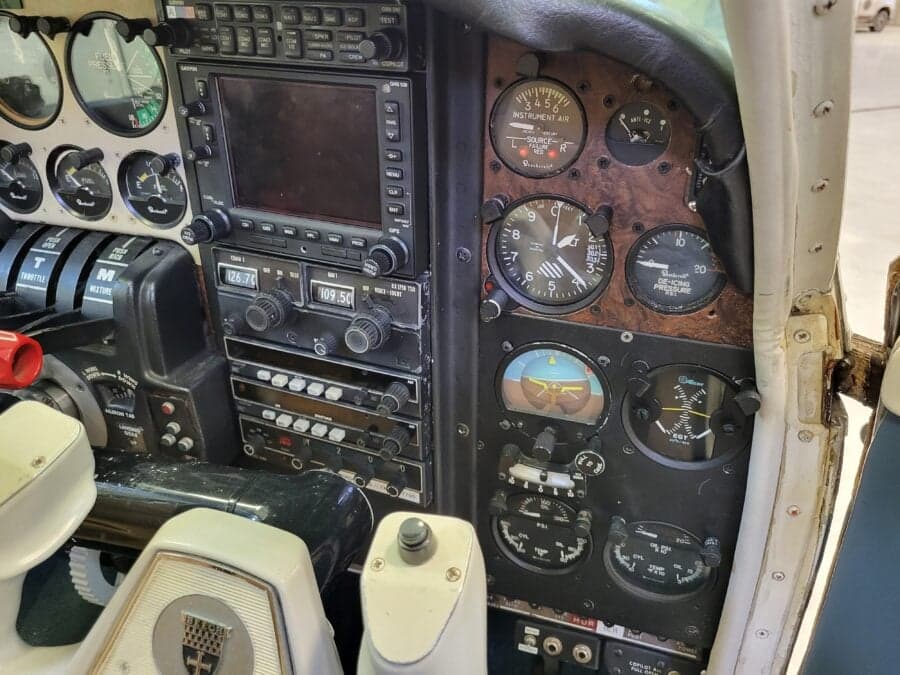 Close-up of the aircraft's instrument panel and avionics.