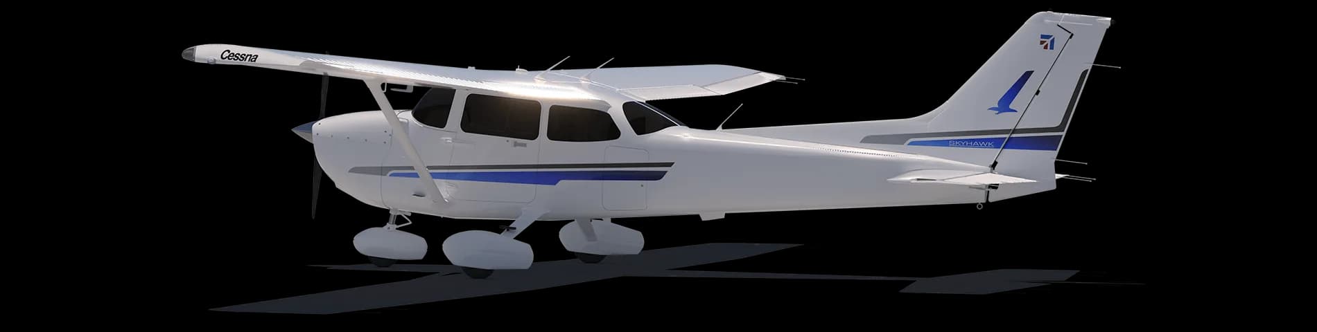A white and blue Cessna Skyhawk aircraft on a black background.
