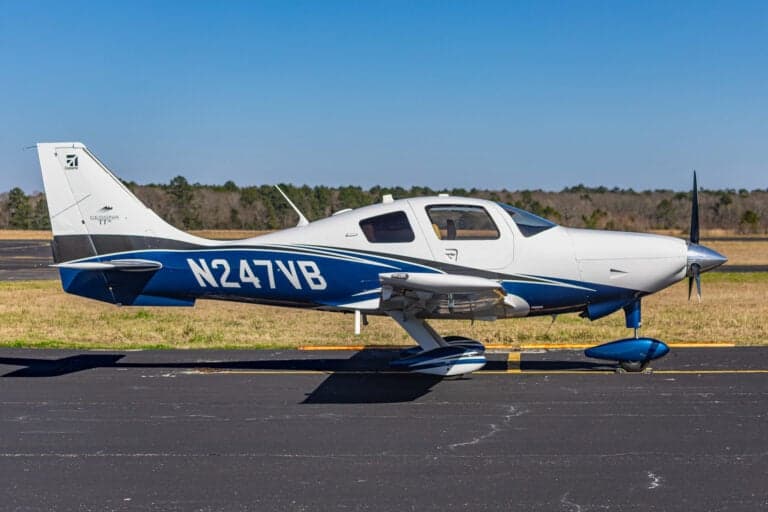 Side view of the Cessna TTx, registration N247VB, on the tarmac.