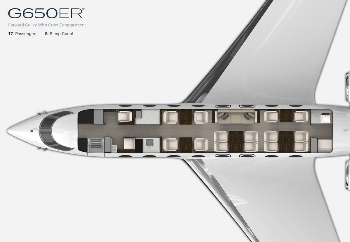 Overhead cutaway diagram of a G650ER cabin layout.