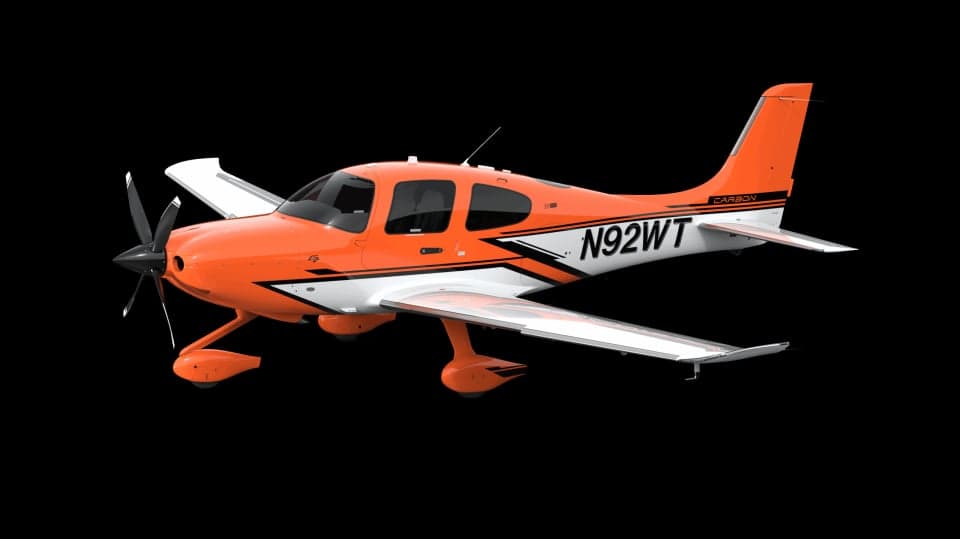A rendering of an orange and white Cirrus SR22T.