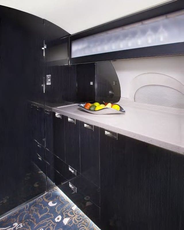 Galley area with countertop and storage cabinets.