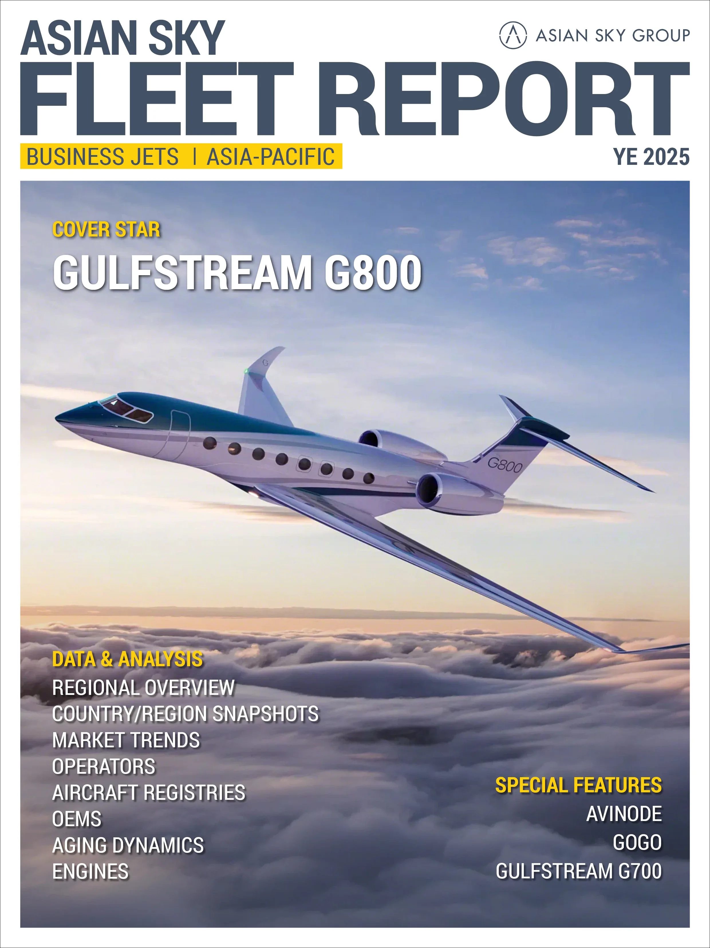 A sleek white and teal Gulfstream G800 business jet flies above a layer of clouds.