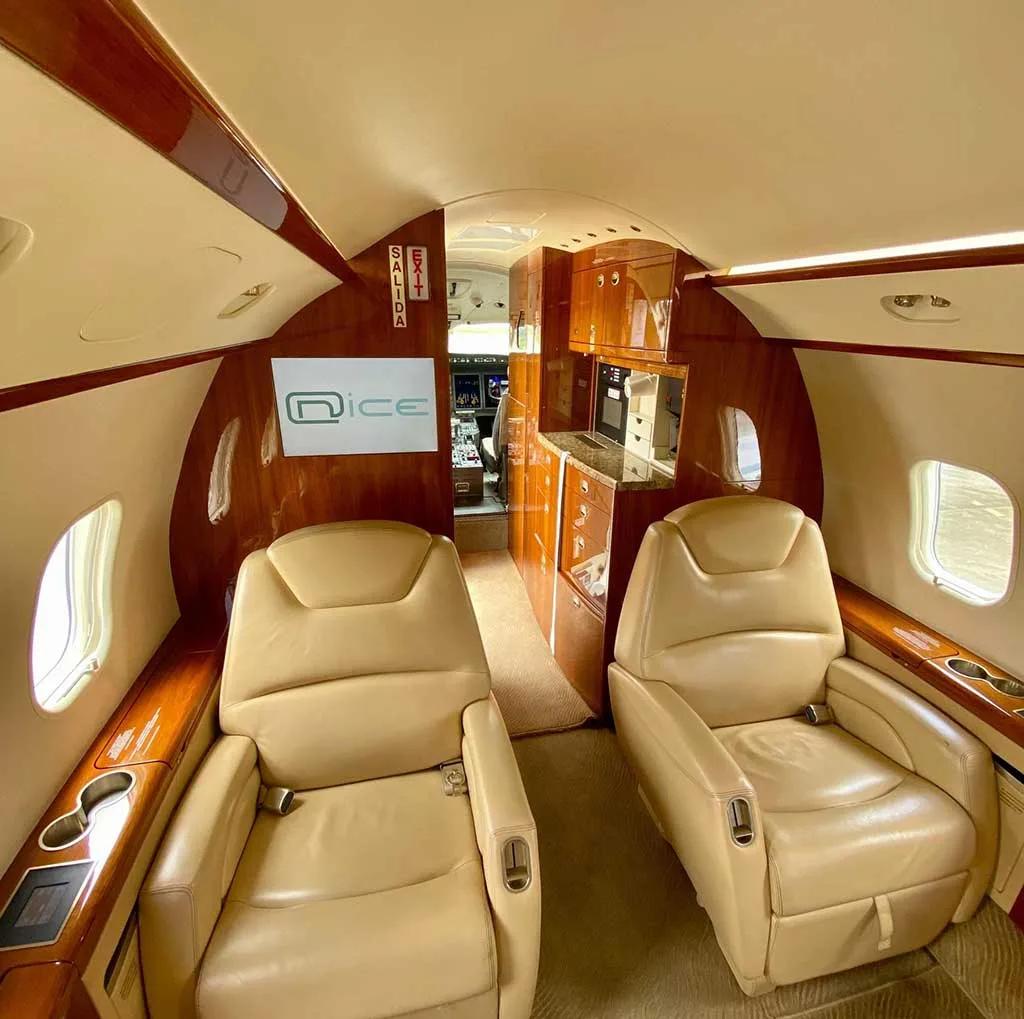 The mid-cabin of a private jet features two beige leather seats, a galley area with wood cabinetry, and a screen displaying "DiCE".