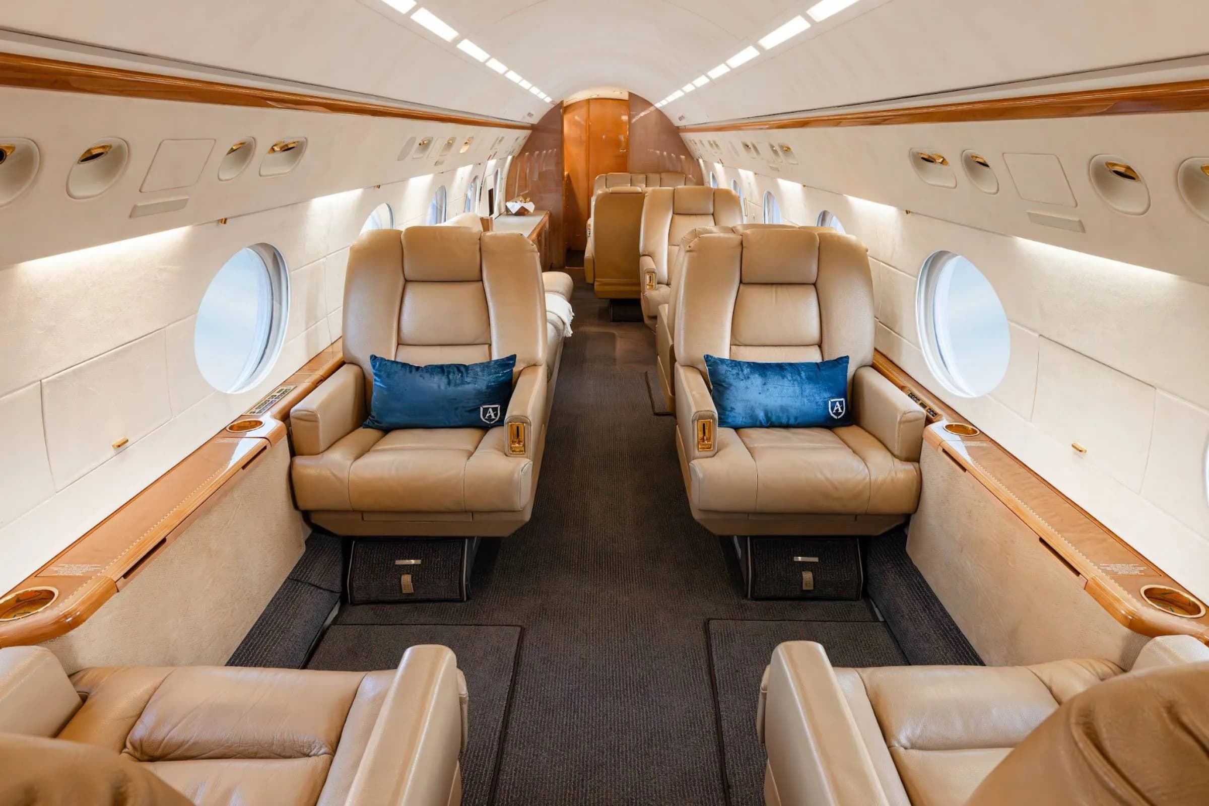The luxurious cabin interior of a private jet with tan leather seats and blue accent pillows.