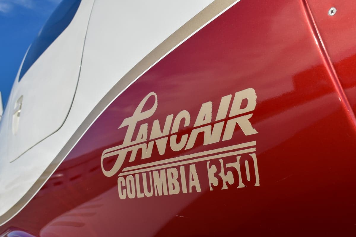 Close up of the front of the Lancair Columbia 350 aircraft.
