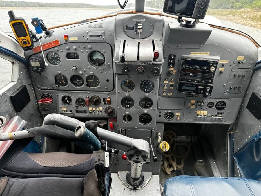 The cockpit of the de Havilland Beaver shows the instrument panel and controls.