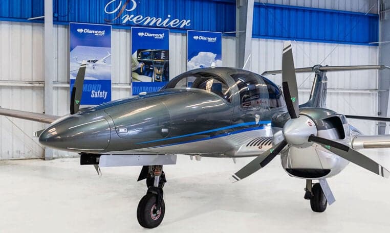 Close-up of the Diamond DA62's nose and propellers.