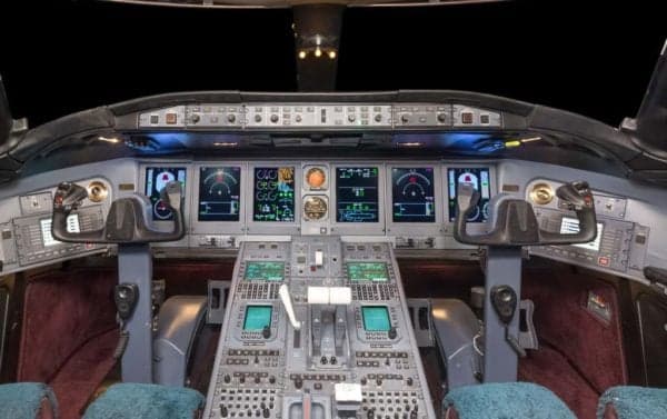 The cockpit of the Bombardier Challenger 300 features advanced avionics and controls.