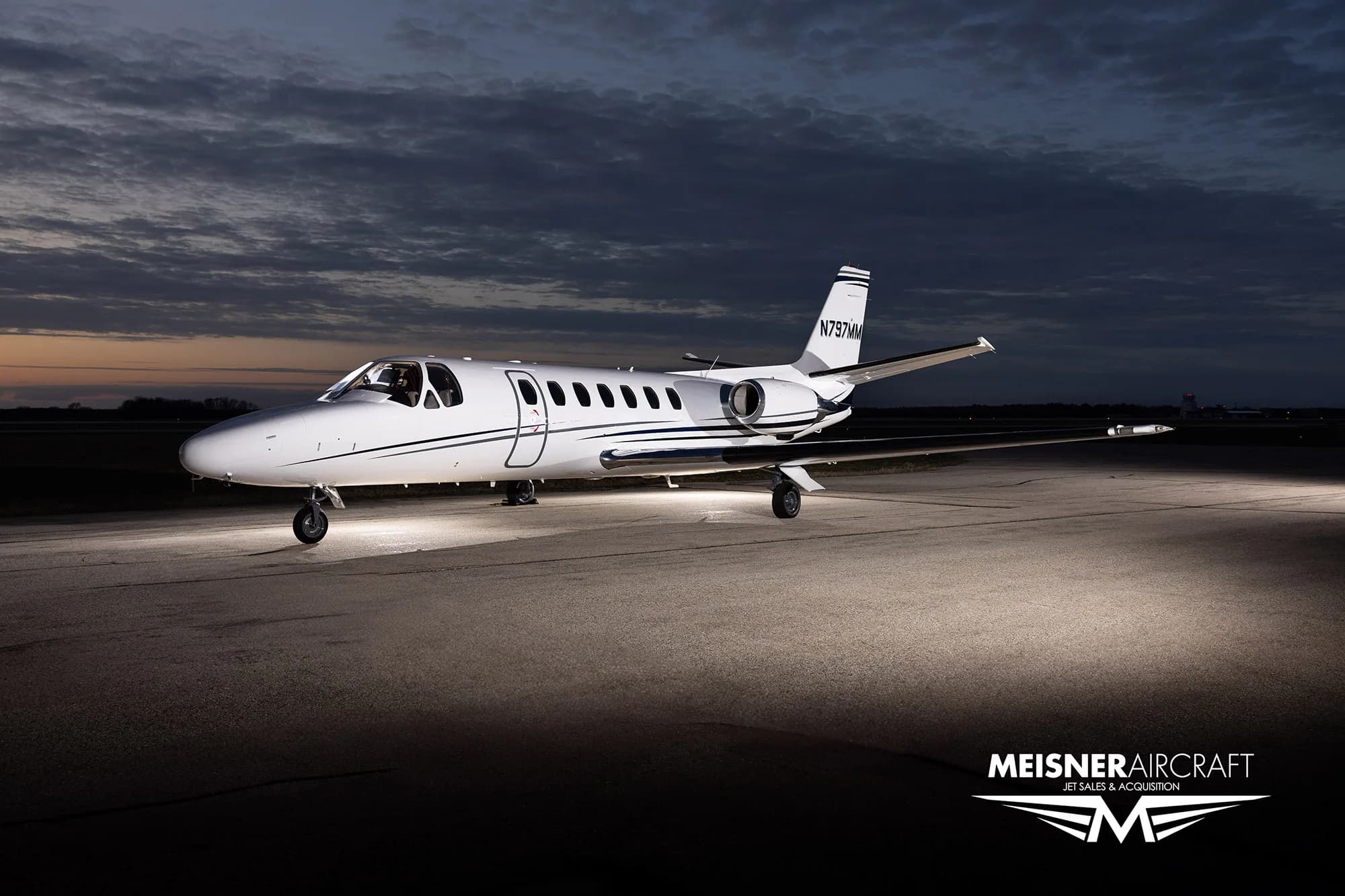 N797MM Cessna Citation on the tarmac at dusk.