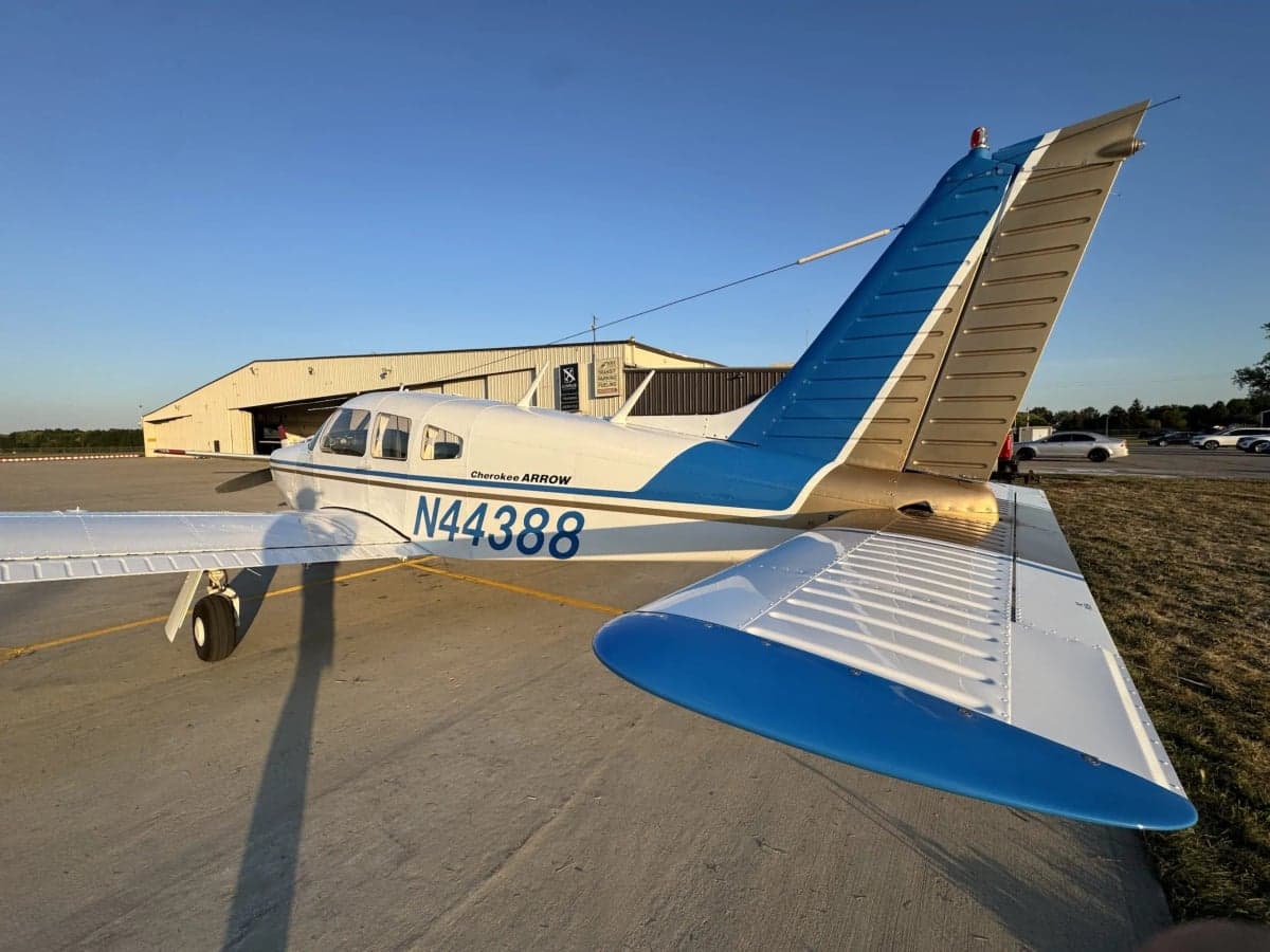 Rear quarter view of the Cherokee Arrow N44388 on the tarmac.