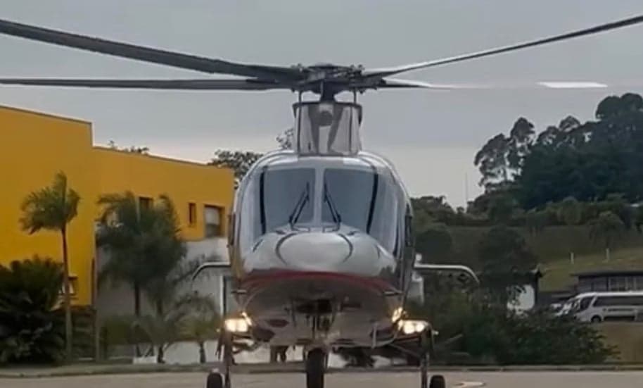 Front view of a helicopter on the ground.