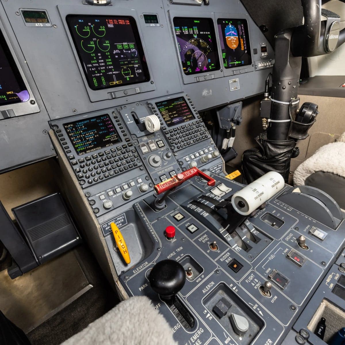 Close-up of the Gulfstream G150 cockpit controls and instrument panel.