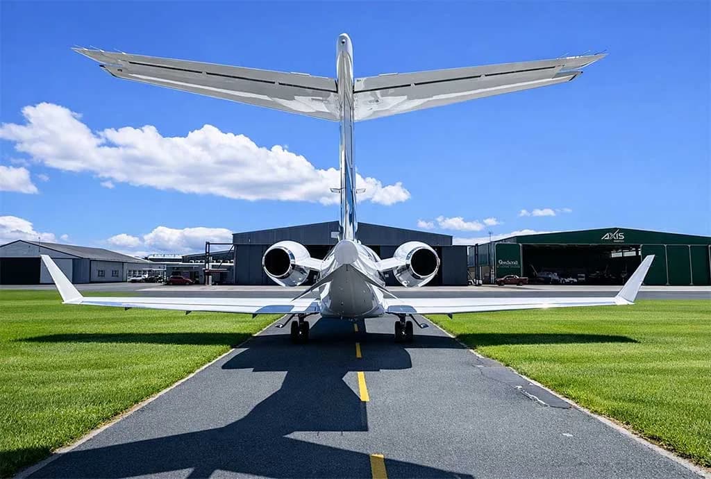 A rear view of a white business jet with blue and green stripes, showing its twin engines and tail, parked on an airport tarmac with hangars in the background.