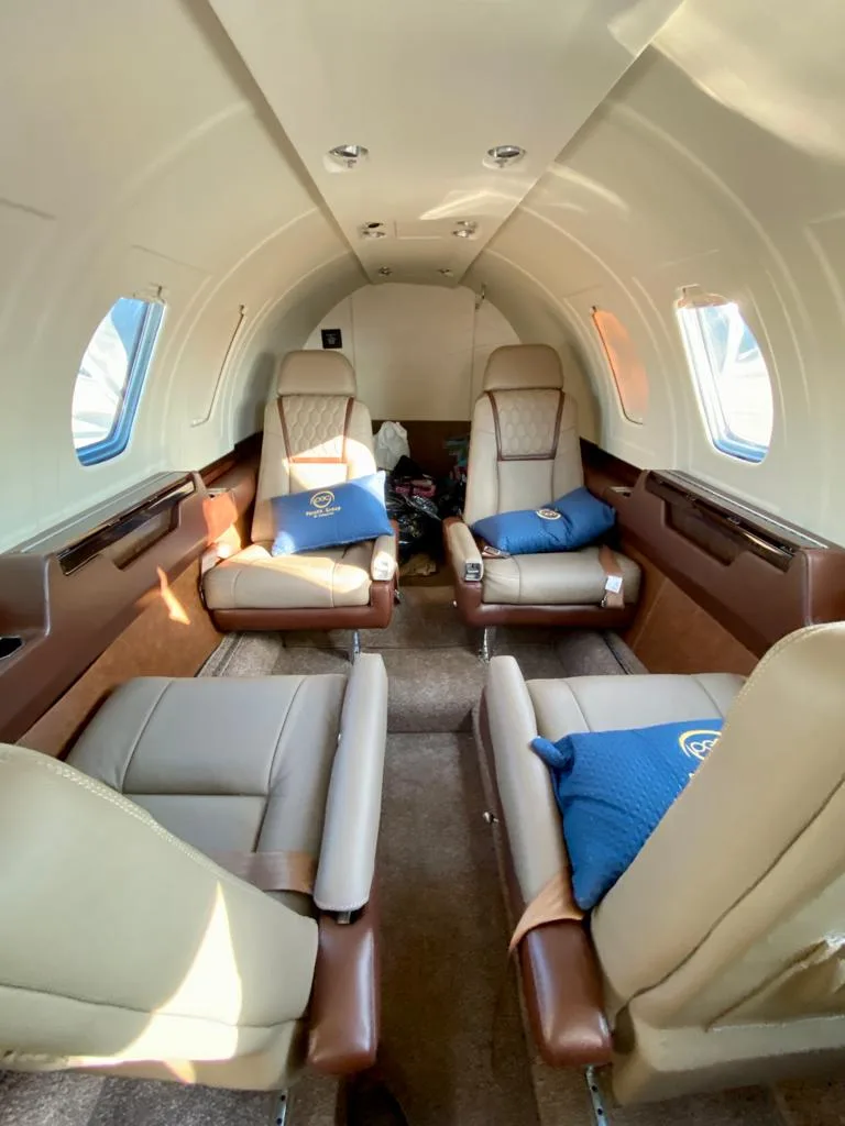 Interior view of the Cessna Citation Mustang cabin with leather seats.