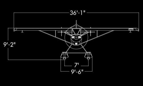 Front view diagram of an aircraft with dimensions.