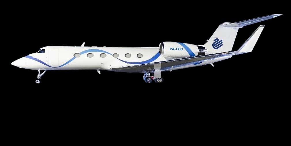 A side view of the P4-EFC aircraft with a white and blue paint scheme against a black background.