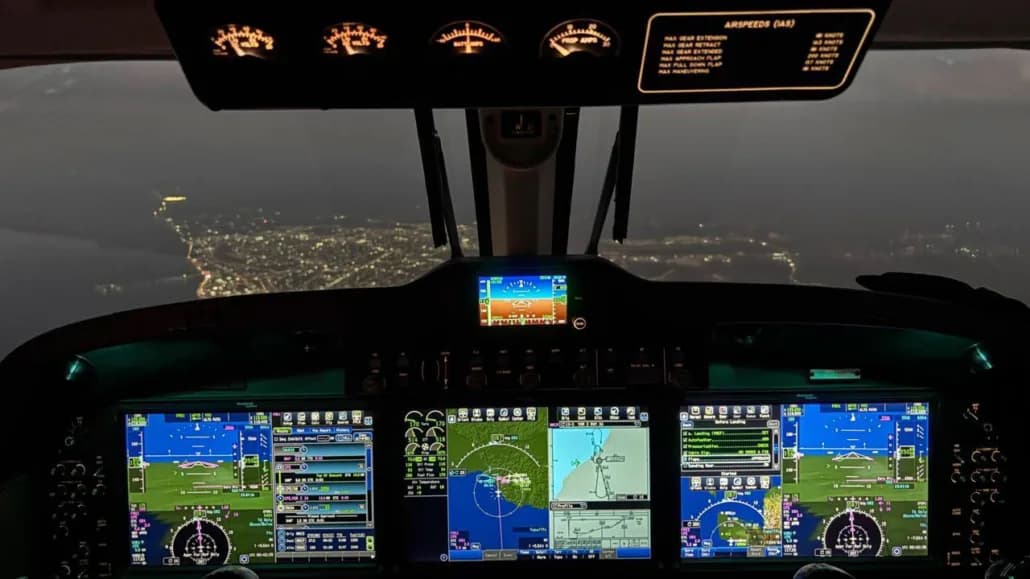 The cockpit of a King Air 350 with modern avionics.