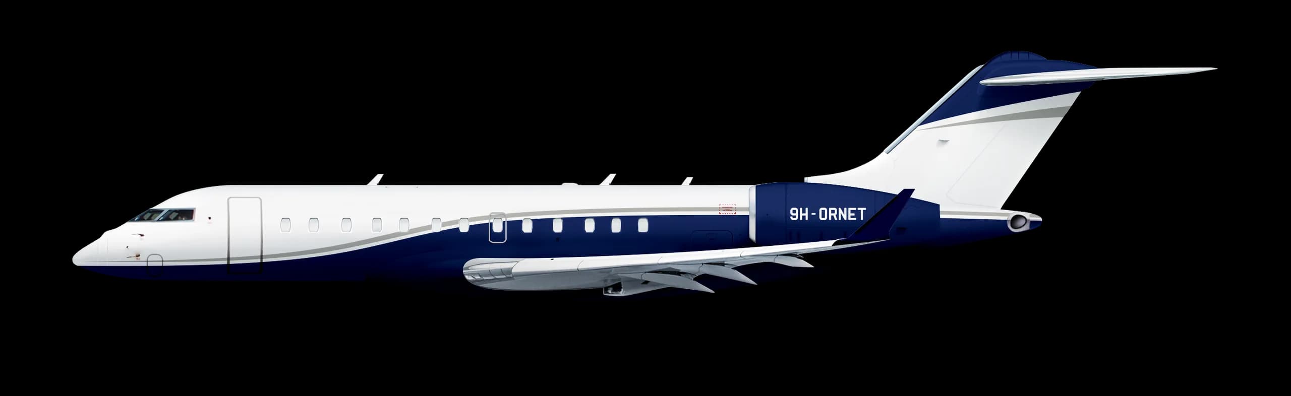 Side profile of the 9H-ORNET private jet with a white and dark blue livery against a white background.
