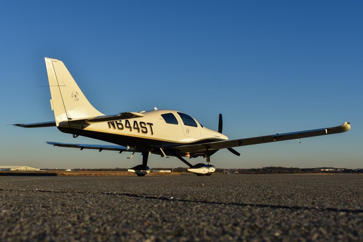 Rear quarter view of the Columbia 350 aircraft N644ST on the ground.