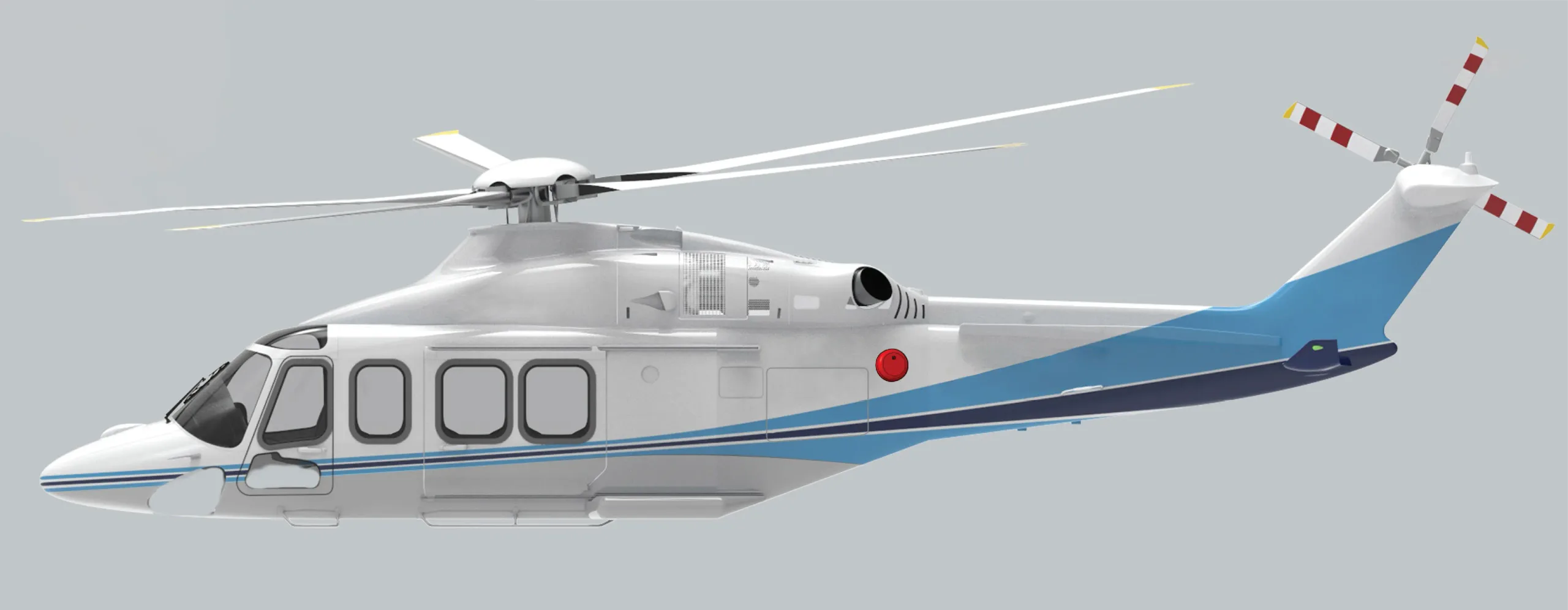 A white and blue helicopter with a five-blade main rotor and a four-blade tail rotor, viewed from the side.