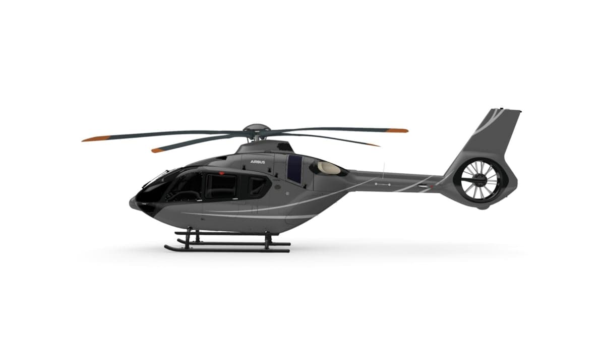 A grey Airbus H160 helicopter with orange-tipped rotor blades is shown in a side profile against a white background.