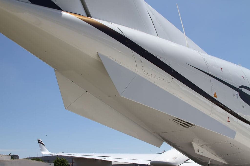 Close up of the tail section of a King Air aircraft.