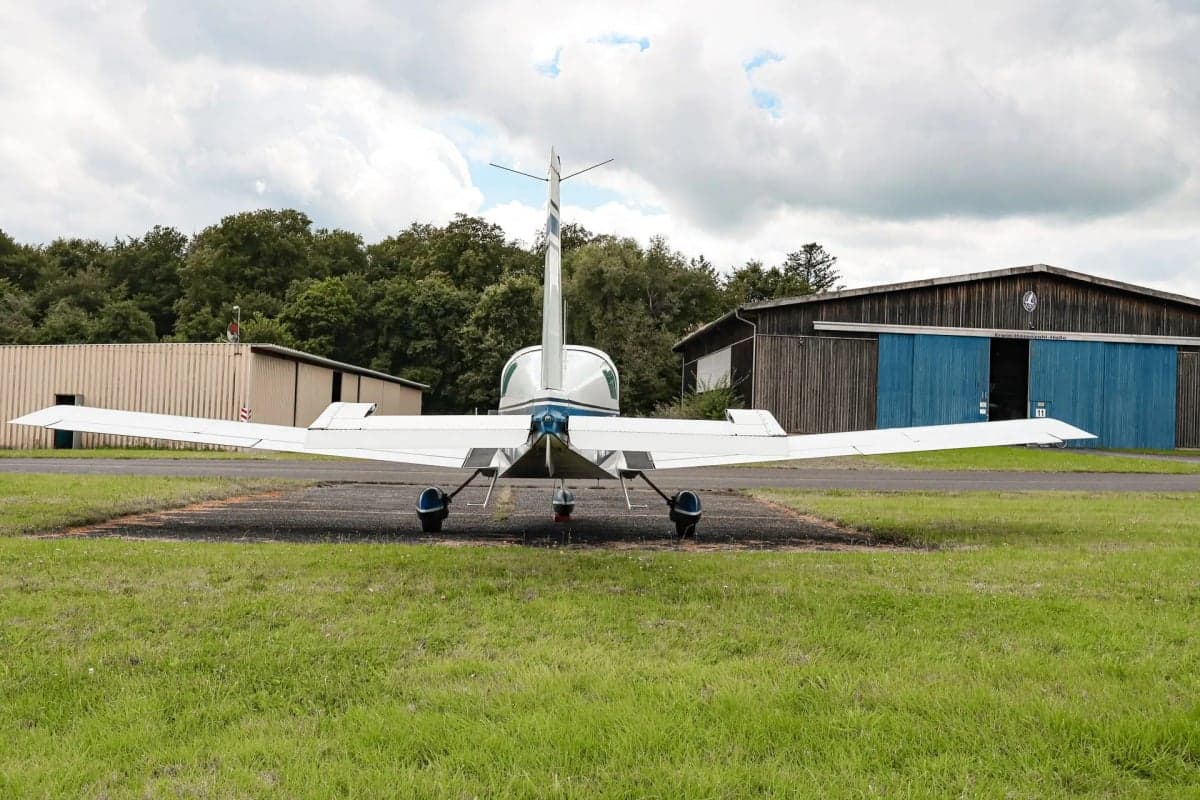 Rear view of a white and blue aircraft with the registration D-EEHT parked on a grassy airfield.