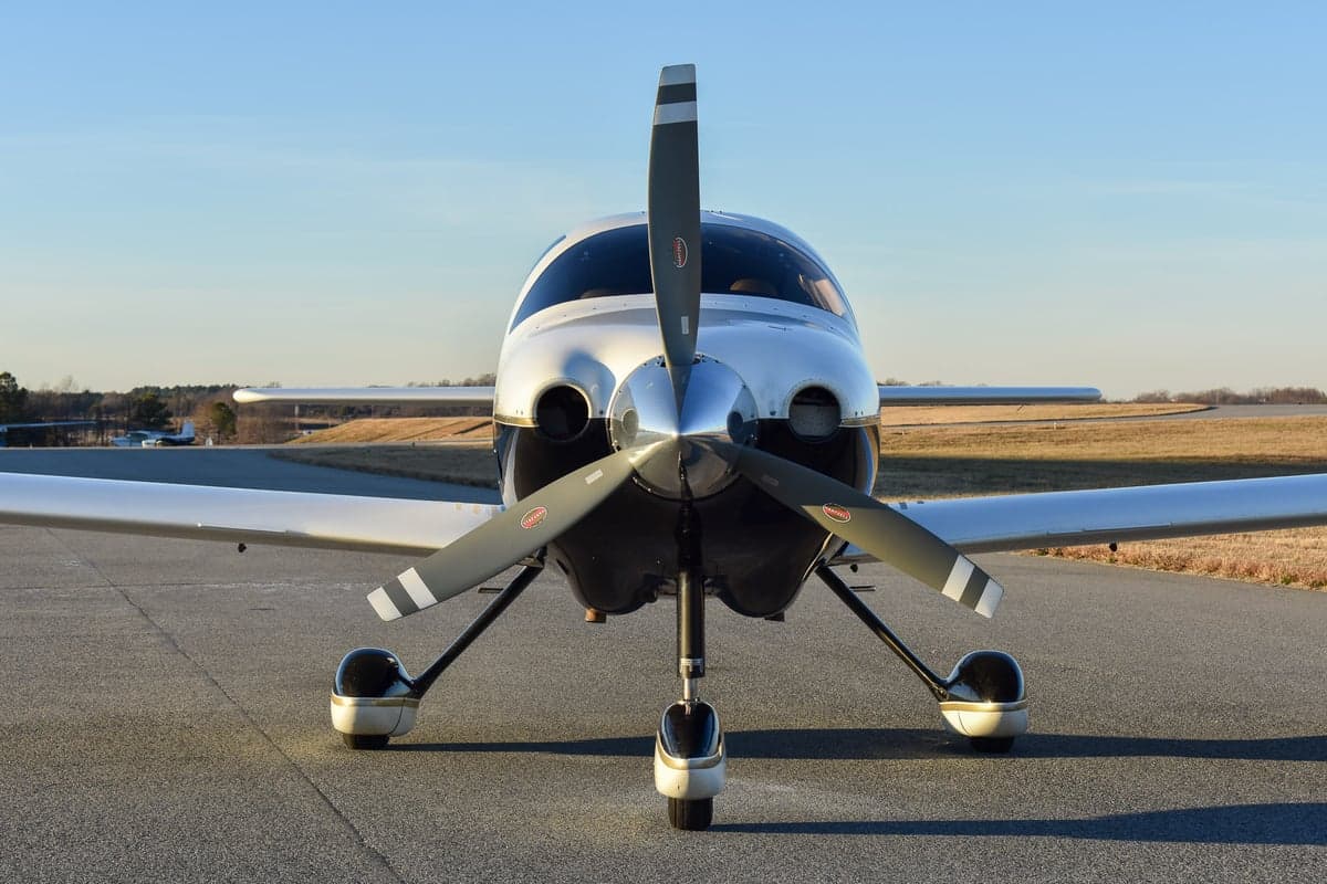 Front view of the Columbia 350 aircraft N644ST on the ground.