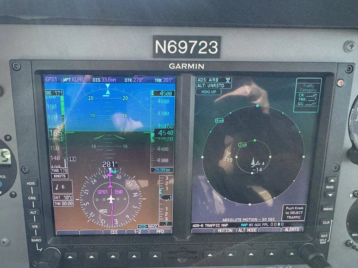 Garmin avionics in the cockpit of the aircraft with tail number N69723.